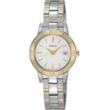 Seiko SXDE38 Womens Two Tone Stainless Steel Quartz Gold Tone Bezel Silver Dial Link Bracelet