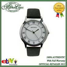 Sekonda Gents Black Leather Strap Watch With White Dial. Half Price Â£19.99