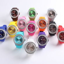 Silicone Rhinestons Quartz Wrist Jelly Gel Watch Unisex With Calendar