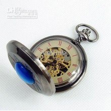 Silve Tone Skeleton Pocket Watch W/blue Stone In Box Freeship Cool