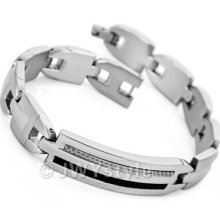 Silver Carbon Fiber Stainless Steel Men Link Bracelet Us39c807