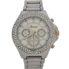 Silver Geneva Watch With Crystals Bezel For Women