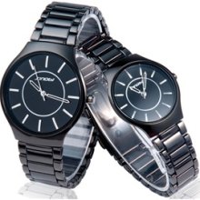 SINOBI 9442 Tungsten Steel Analog Quartz Couple Watches for Lovers (Black)