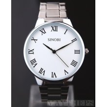 Sinobi Simple Elegant Mens White Classic Retro Roman Steel Quartz Wrist Watch