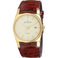 Skagen 759lgl Men's Brown Leather Band Cream Dial Automatic Watch