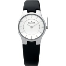 Skagen Corporate Collection Black Leather Strap Watch W/ White Dial