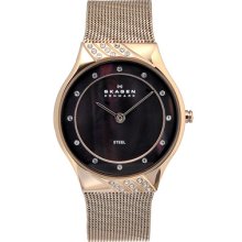 Skagen Watches Women's Black MOP Dial Rose Tone Stainless Steel Rose T