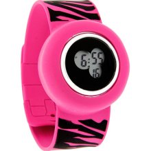 Slap-on Bracelet Ladies Fuschia Pink & Black Zebra Print Digital Quartz Watch