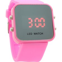 Sports Style Silicone Band Unisex Mirror Face Plastic LED Digital Wristwatch - Pink