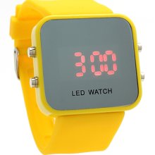 Sports Style Silicone Band Unisex Mirror Face Plastic LED Digital Wristwatch - Yellow