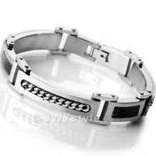 Stainless Steel Bangle Bracelet Men Silver Curb Chain Carbon Fiber Us390120