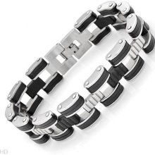 Stainless Steel Mens Black/Silver Bracelet ** 8.25 inch