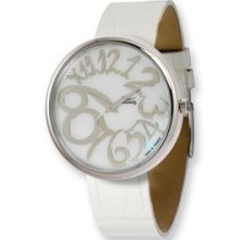 Stainless Steel Round MOP Dial Watch w (CR-17) Wht Band