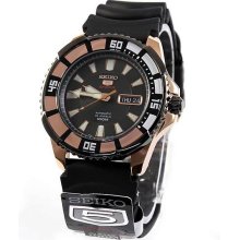 Stainless Steel Seiko 5 Sports Automatic Black Dial Day Date Rose Gold Tone Beze