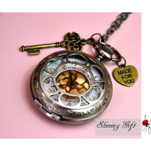 Steampunk golden dial Pocket Watch, with a brass key and loving heart (Big Size)