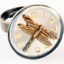 Steampunk Ring - with Dragonfly and Watch Dial with Fine Epoxy Resin