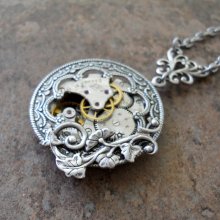 Steampunk Victoriana Pendant in Silver-Vintage Watch Movement-Cogs and Gears