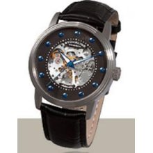 Stuhrling Original 107D.33151 Skeleton Watch on a Silvertone Case with Brown Dial Blue Hour Markers and Black Leather Strap