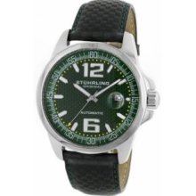 Stuhrling Original 175.3315D5 Mens Concorso Automatic Stainless Steel Case on Green Dial with Black Leather-Carbon Fiber Strap