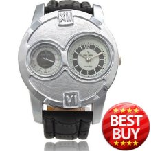 Stylish Alien Face 2 Dial Luxury Men Sport Quartz Wrist Watch Leather Band