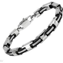 Stylish Gentlemens Bracelet In Black Resin And Stainless Steel 9in