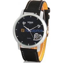 Stylish Men's Jeweled Heart Analog Watch with Faux Leather Strap (Black)