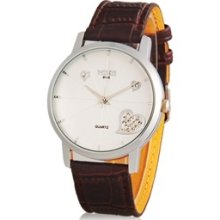 Stylish Men's Jeweled Heart Analog Watch with Faux Leather Strap (Brown)