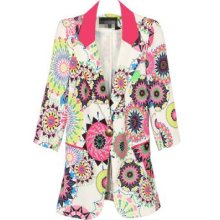 Sun Flower Patterned Blazer With Contrast Fluorescent Pink Lapel