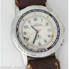 Timex Men's Analog Alarm Retro Watch Brown Navy Leather Strap Cream Dial Date