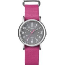 Timex Women's T2n834 Weekender Mid-size Slip-thru Pink Nylon Strap Watch