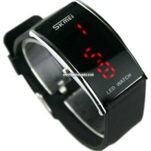 Trendy 8mm Slim Design Red Lcd Led Light Rubber Watch