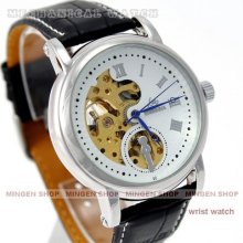U012 - Fashion Leather Hollow Automatic Mechanical Mens Wrist Watches, White
