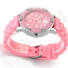 Unisex Pink Gel Silicone Rubber Rhinestone Crystal Quartz Wrist Sport Watch