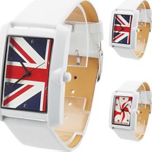 Unisex PU Analog Quartz Watch Wrist with Flag Logo 2354 (White)