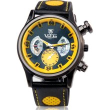 VALIA 9102-1 Men's Quartz Movement Analog Watch with Faux Leather Strap (Yellow)