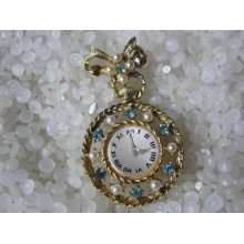 vintage brooch ice blue rhinestone old fashion pocket watch shape