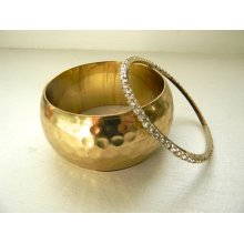 vintage. Indian Brass Bangle with Thin Rhinestone Bracelet Bangle // Set of 2