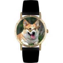 Whimsical Watches Unisex Corgi Photo Watch with Black Leather Color: Goldtone