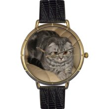 Whimsical Watches Unisex Scottish Fold Cat Photo Watch with Black Leather