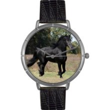 Whimsical Watches Women's Japanese Quartz Friesian Horse Black Leather Strap Watch SILVER