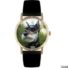 Whimsical Women's Schnauzer Photo Black Leather Strap Watch (Silver)