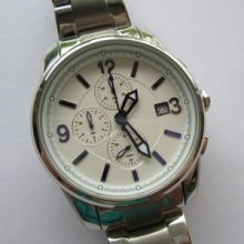 White Dial N.o.s. Stainless Steel Chronograph Gents Watch Runs And Keeps Time