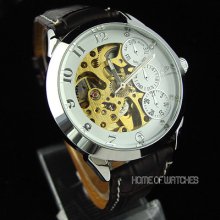 White Hollow Dial Fashion Men's Analog Skeleton Self-wind Mechanical Wrist Watch