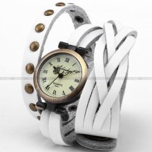 White Long Leather Strap Dial Analog Quartz Women Lady Bracelet Watch Cnp