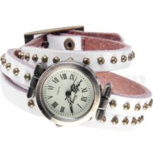 White Retro Leather Rivet Stud Wristband Wrist Watch Wristwatch Women