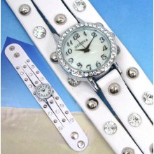 White Wrap-snap Soft Leather-like Geneva Crystal Studded Women's Watch