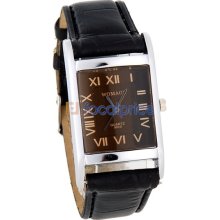 WOMAGE 9029 Men's Square Dial Black Leather Strap Analog Watch (Black)