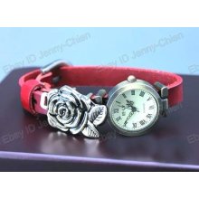 Women Lady Girl Luxury Rose Flower Genuine Leather Band Quartz Wrist Watch W28