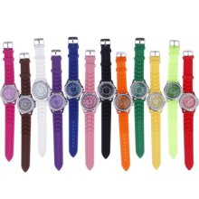 Women Men Casual Sport Crystal Silicone Jelly Rubber Bling Wrist Watch Unisex B