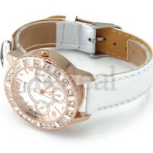 Women White Pu Leather Rhinestone Crystal Quartz Wrist Watch Fashion